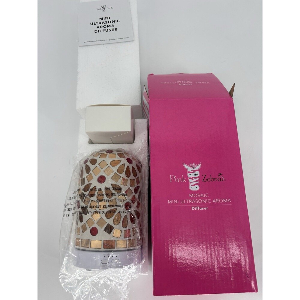 New In Box Pink Zebra Mosaic Mini Ultrasonic Aroma Diffuser LED Color Changing